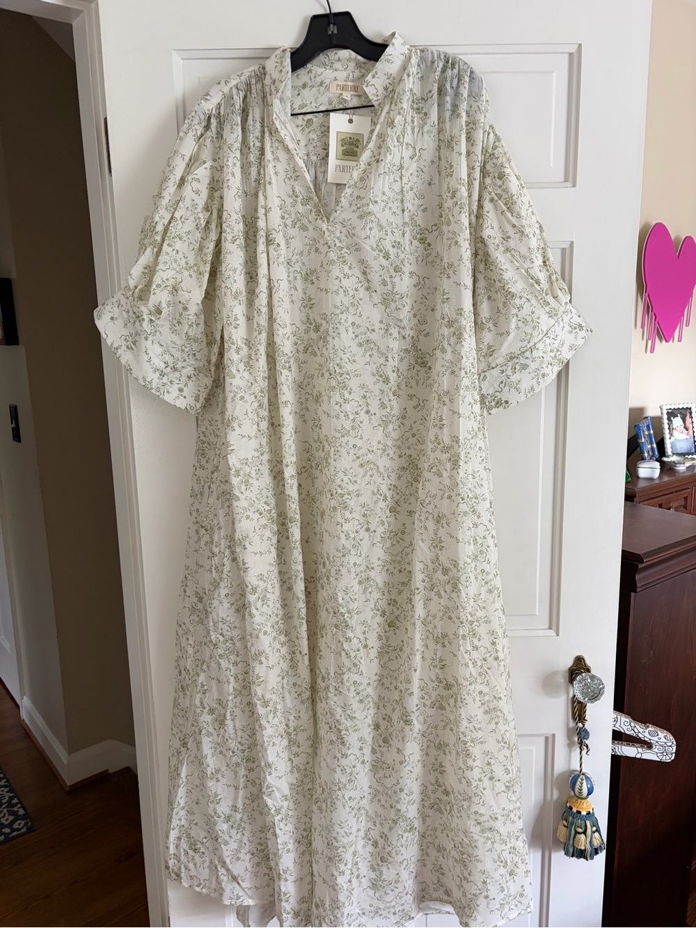 Lightweight Floral V-Neck Maxi Dress - Cream with Green Print